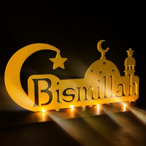 Bismillah Deko, Bismillah Freistehendes Tischschild, Ramadan Dekoration Islam Deko, Bismillah Tischdeko, Alhamdulillah Deko,Bismillah Tischständer mit LED-Umgebungslicht, Islamische Dekoration von Luckeey