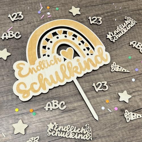 Tortendeko Einschulung, 1 Stück Endlich Schulkind Cake Topper Holz & 26 Stück Holz Schultüte ABC 123 für Schuleinführung Einschulung Jungs und Mädchen Streudeko Tischdeko, Kuchendeko Schulanfang von Luckeey