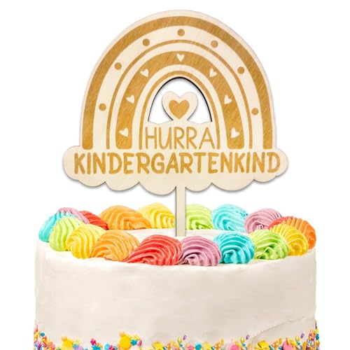 Tortendeko Einschulung, Hurra Kindergartenkind Holz, Regenbogen Tortendeko Kindergarten Start Kita 2024, Erster Kindergartentag Kuchen Deko, Junge Mädchen Kindergartentag Geschenk von Luckeey