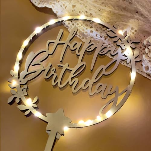 Happy Birthday Tortendeko aus Holz Cake Topper, Kuchen Deko Geburtstag mit LED Lichterkette,Tortendeko Geburtstag Kuchen Topper, Happy Birthday Deko von Luckeey