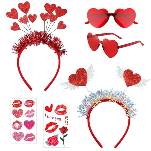 Amor Kostüm Damen, 2 Stück Herz Haarreif + 2 Stück Herzbrille Set mit Gesichtstattoo, Amor Haarreif Heart Glasses für Valentinstag Karneval Fasching Hochzeit Weihnachten Foto Requisiten Kostüm Party von Luckeey