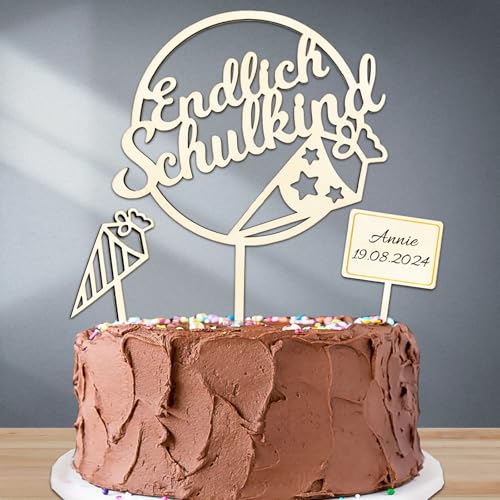 4 Stk Tortendeko Einschulung Holz, Endlich Schulkind Cake Topper Einschulung, Schultüte ABC Kuchendeko Schulanfang Schulkind 2024 Mädchen Junge Einschulung Deko von Luckeey