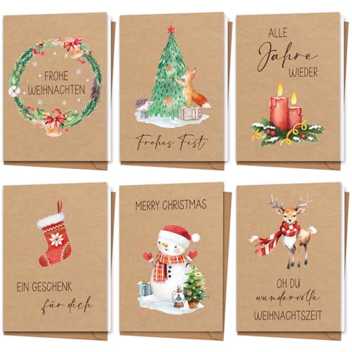 Weihnachtskarten mit Umschlag Set - 12 Stück Karte Weihnachten - A6 Weihnachtskarten Klappkarten aus Kraftpapier - Christmas Cards Weihnachtspostkarten - Lustig Weihnachtskarte für Familie Freund von Luckeey