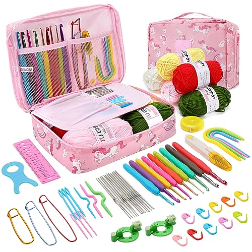 Luckits 59 Stück Häkelnadel Set Rosa Katze Häkelset für Anfänger, Bunte Häkelnadeln mit Weichem Griff für Häkelgarn und wolle, 0,6 mm - 6,0 mm Ergonomische Häkelnadeln Set mit Häkeltasche, Zubehör von Luckits