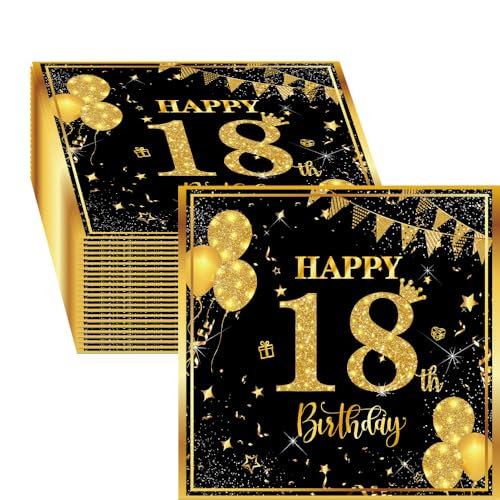 Lucktao 40 Stück Servietten 18. Geburtstag Junge,Schwarz Gold Papier Party Servietten Tischdeko für 18. Geburtstag Junge Mädchen Happy Birthday Servietten Decorations,33 x 33cm (18 Geburtstag) von Lucktao