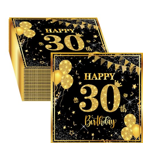 Lucktao 40 Stück Servietten 30. Geburtstag Mann,Schwarz Gold Papier Party Servietten Tischdeko für 30. Geburtstag Junge Mädchen Happy Birthday Servietten Decorations,33 x 33cm von Lucktao