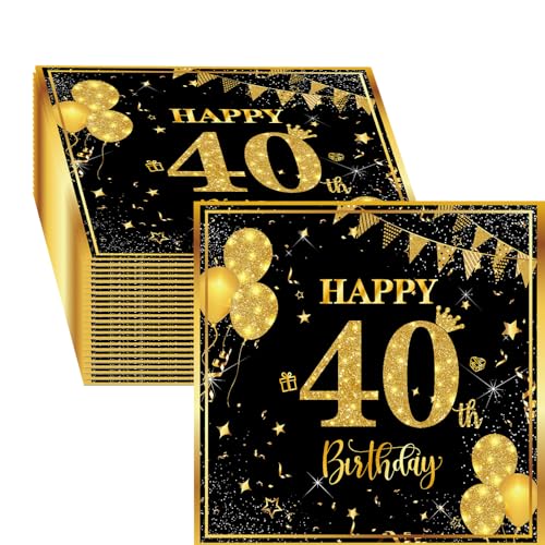 Lucktao 40 Stück Servietten 40 Geburtstag,Schwarz Gold Papier Party Servietten Tischdeko für 40.Geburtstag Junge Mädchen Happy Birthday Servietten Decorations,Tischdekoration,33 x 33cm(40 Geburtstag) von Lucktao