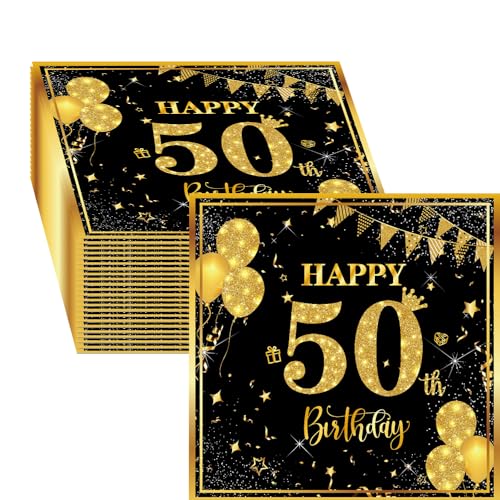 Lucktao 40 Stück Servietten 50 Geburtstag Mann,Schwarz Gold Papier Party Servietten Tischdeko für 50. Geburtstag Junge Mädchen Happy Birthday Servietten Decorations,33 x 33cm (50 Geburtstag) von Lucktao