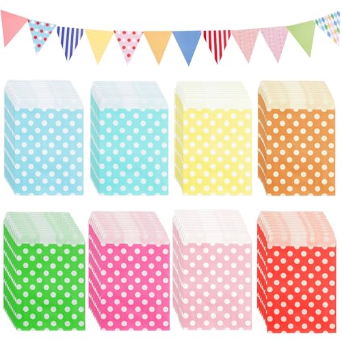 Luckwaii Candy Bar Tüten Butterbrottüten Candy Bar Zubehör Deko, 80 Stück Mitgebsel Tüten mit 12 Wimpelkette Outdoor und 1 Ribbon Papiertüten Bunt für Kindergeburtstag Hochzeit Weihnachten (8 Farben) von Luckwaii