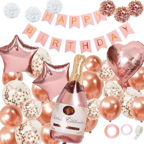 Luckwaii Geburtstag Deko Rosegold Luftballons Deko Geburtstag, Party Deko Set mit Happy Birthday Banner, Champagner Flasche Ballon, Stern Ballons, Herzballons, Konfetti von Luckwaii