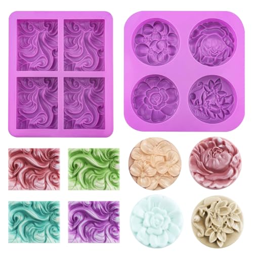 Luckwaii Seifen Silikonform Blumen Seifen Selber Machen Set, 2 Stück Seifenformen Silikon 4 Hohlraum Seifen Formen zum Gießen, Seifengießen Set Wellig Rechteckig & Blumen Rund für Seife DIY Formen von Luckwaii