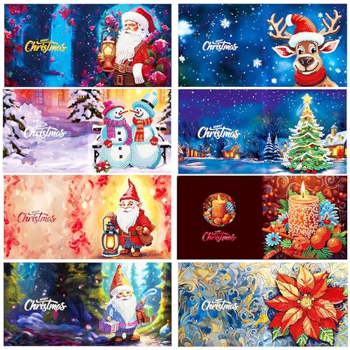 LuckyCao 5D DIY Diamond Art Painting Karten,8Stück Weihnachten Diamond Painting Grußkarten, Diamond painting weihnachtskarten mit umschlägen,Christmas Greeting Cards für Familie Geschenkkarte von LuckyCao