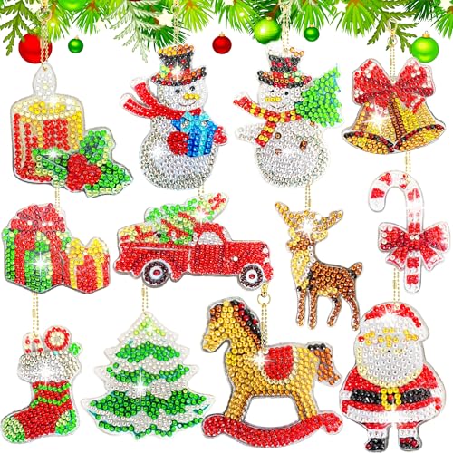 LuckyCao 5D Diamond painting weihnachten Anhänger 12 Set Weihnachten Diamond Painting Anhänger,Doppelseitige Diamond Painting kinder,Weihnachten Painting kit,Weihnachtsbaum Schlüsselanhänger Deko von LuckyCao