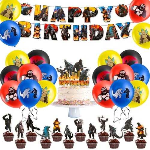 Godzilla Geburtstagsdeko Jungen Luftballons- 42 Stück Kindergeburtstag Deko Latex Luftballons Happy Birthday Geburtstag Balloon Banner Tortendeko für Kinder Godzilla Party Hintergrunden Supplies Deko von Luclay