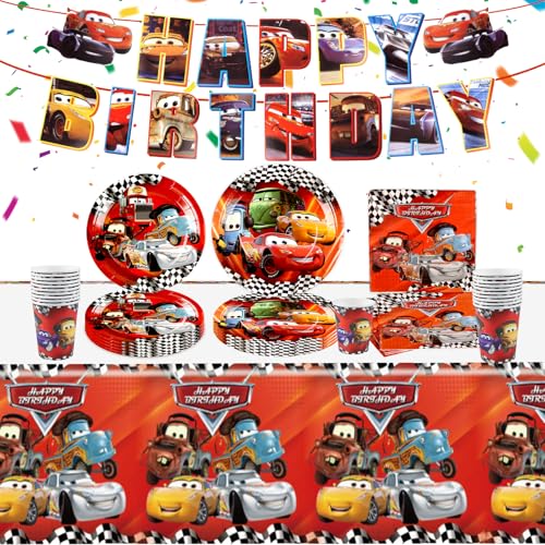 Cars Geburtstagdeko Auto Partygeschirr Junge-52Pcs Rennauto Pappteller Set Tischdecke Happy Birthday Banner Kindergeburtstag Geburtstagsdeko Geschirr Teller Servietten Tassen Party Tableware Supplies von Luclay