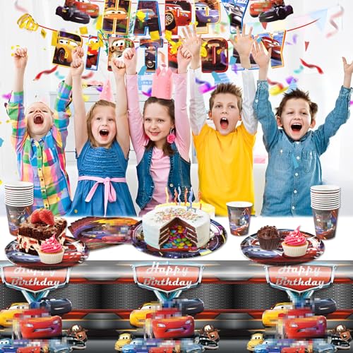 Car Geburtstagdeko Auto Partygeschirr Set Junge-52Pcs Rennauto Pappteller Tischdecke Happy Birthday Banner Kindergeburtstag Geburtstagsdeko Geschirr Teller Servietten Tassen Party Tableware Supplies von Luclay