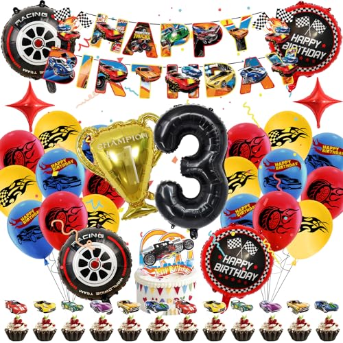 Luclay Fire Wheel Luftballons 3 Jahre Kinder Geburtstag Deko Mädchen - 40Pcs Geburtstagsdeko Hintergrund, Latexballons Tortendeko Geburtstag, Folienballon Racing Car für Party, Kindergeburtstage von Luclay