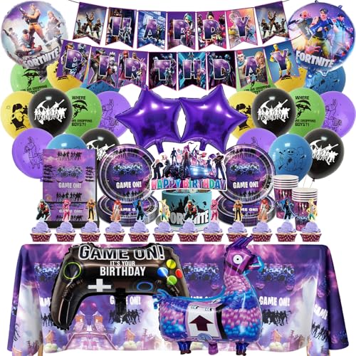 Geburtstag Deko Fortnit-e Luftballon Partygeschirr Set-92 PCS Pappteller Tischdecke Kindergeburtstag Geschirr Jungen Birthday Party Tableware Supplies Foil Balloons Teller Servietten Tassen Party Deko von Luclay