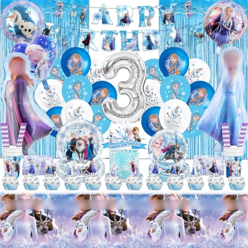 Geburtstagsdeko Kindergeburtstag Mädchen- 3 Jahre Luftballon Eisprinzessin Partygeschirr Set Ice Prinzessin Party Tableware Supplies mit Becher Pappteller Tischdecke Servietten für Kinder Babypartys von Luclay