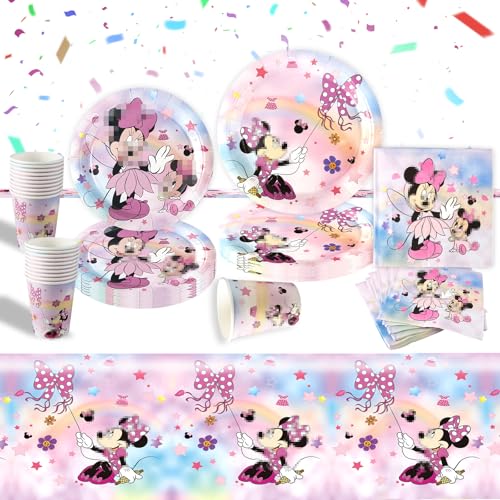 Luclay Kinder Geburtstag Geschirr Pappteller Deko- 51PCS Rosa Mini Mouse Pappteller Tischdecke Kindergeburtstag Mädchen Junge Geburtstagsdeko Birthday Party Tableware Supplies Teller Servietten Tassen von Luclay