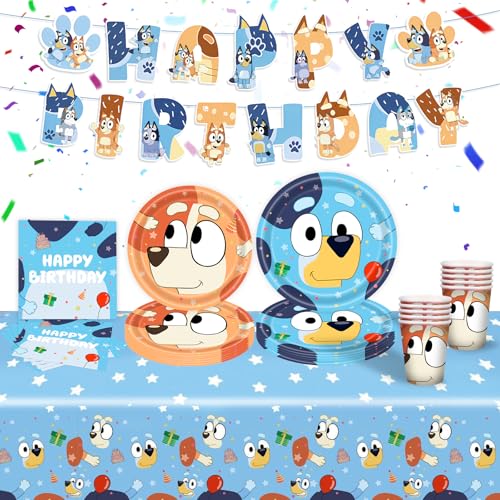 Pappteller Kindergeburtstag Deko- Blau Dog Geburtstag Deko Birthday Partygeschirr Set Geburtstagsdeko Mädchen Junge Geschirr Party Tableware Supplies Kit Banner Teller Tischdecke Servietten Tassen von Luclay