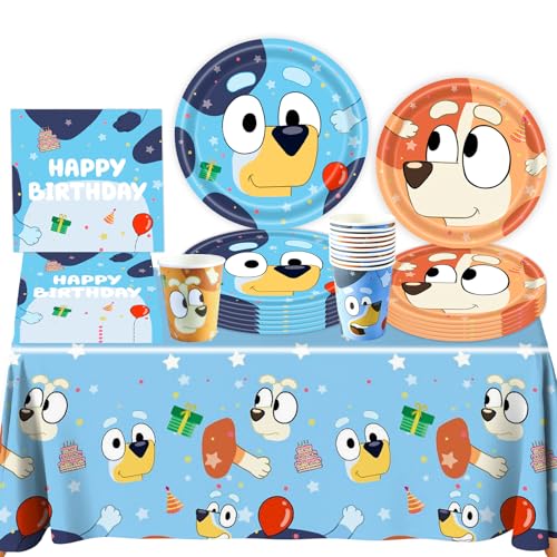 Pappteller Kindergeburtstag Deko- Blau Dog Geburtstag Deko Birthday Partygeschirr Set Geburtstagsdeko Mädchen Junge Geschirr Party Tableware Supplies Kit Teller Tischdecke Servietten Tassen 10 Kinder von Luclay