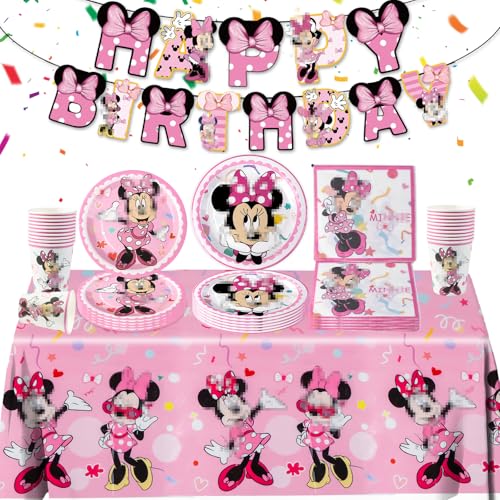 Pappteller Kindergeburtstag Geschirr Party Deko Mädchen-52PCS Rosa Mini Mouse Pappteller Tischdecke Happy Birthday Banner Geburtstagsdeko Teller Servietten Tassen Birthday Party Tableware Supplies Kit von Luclay