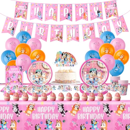 Blue-y Partygeschirr Geburtstagsdeko-95 PCS Rosa Party Luftballons Deko Geschirr Kindergeburtstag Set girlande Party Tableware Supplies Banner Tortendeko ballons Teller Servietten Tassen Tischdecke von Luclay