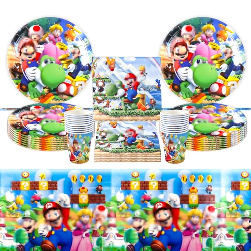 Partygeschirr Geburtstagsdeko Set- 51PCS Super Bro Pappteller Kindergeburtstag Mari Partygeschirr Geburtstagsdeko Party Tableware Supplies Kit mit Teller Tischdecke Servietten Tassen für Jungen Kinder von Luclay