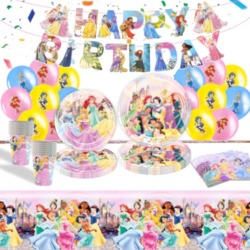 Prinzessin Pappteller Kindergeburtstag Deko- 70 Pcs Rosa Prinzessin Partygeschirr Ballon Set Mädchen Geschirr Party Supplies Ballon Happy Birthday Banner Girlande Teller Tischdecke Servietten Tassen von Luclay