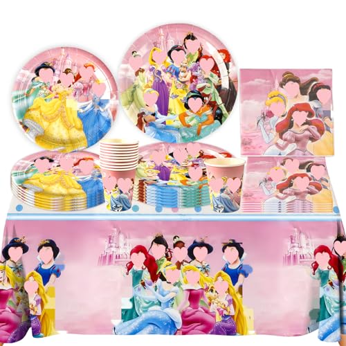 Prinzessin Pappteller Kindergeburtstag Deko Mädchen- 51 Pcs Rosa Prinzessin Partygeschirr Set Prinzessin Geburtstag Deko Geschirr Party Supplies Kit Tischdecke Teller Tassen Servietten 10 Kinder von Luclay