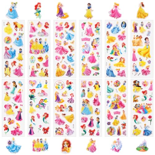 Stick ers Prinzessin Kinder Mädchen- 12 Blätter Prinzessin 3D Puffy Stickers Set Wasserdichte Vinyl-Aufkleber Anime Geschwollen Stickers Deko Party Mitgebsel Geburtstag für Laptop Skateboard Scrapbook von Luclay