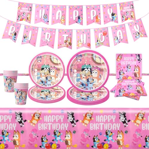 Tableware Partygeschirr Geburtstagsdeko Mädchen- 52 PCS Blue-y Rosa Pappteller Kindergeburtstag Party Deko Set Geburtstags Deko Geschirr Party Supplies Kit Teller Tischdecke Servietten Tassen Kinder von Luclay