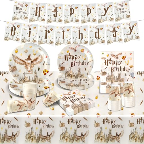 Wizard Geburtstag Deko Harry Partygeschirr Set Kinder-52Pcs Pappteller Tischdecke Kindergeburtstag Junge Mädchen Geburtstagsdeko Geschirr Birthday Party Tableware Supplies Kit Teller Servietten Tassen von Luclay