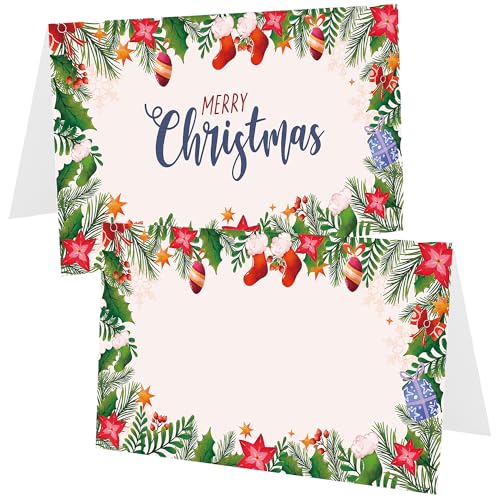 Lucleag Tischkarten mit Aufschrift "Merry Christmas", Weihnachtsblumen-Zeltkarten, Tischsitz-Namenskarten für Winter, Weihnachten, Urlaub, Party, Tischdekoration, 8,9 x 5,1 cm, 100 Stück von Lucleag