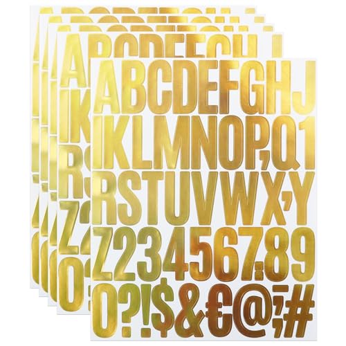 250 Stücke Buchstaben Nummer Aufkleber,5 Blätter 2 Zoll Selbstklebendes Vinyl Großes Buchstaben Punzierung Kit für Postfach,Schilder,Scrapbook, DIY und Basteln, Klebebuchstaben Wetterfest - Gold von LuenHego