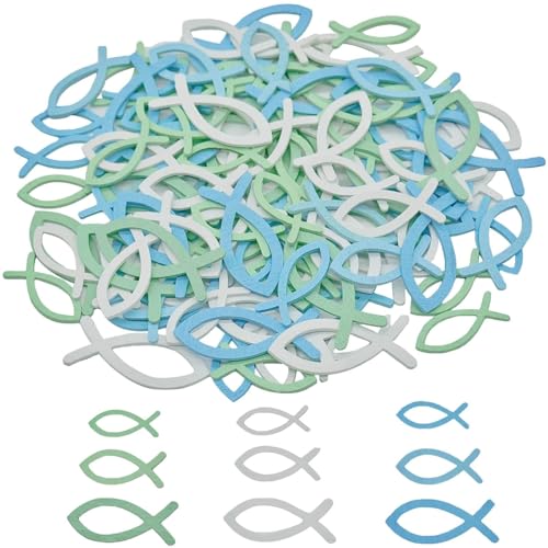 Holz Fisch Deko, Streudeko Tischdeko für Taufe Kommunion Konfirmation 108Stk, Streudeko Taufdeko Konfetti für Junge Mädchen, Blau Grün Weiß von Lufcziel