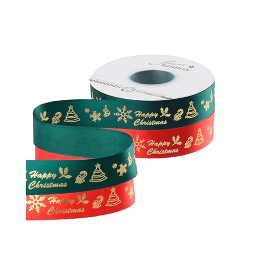 2 Rollen 40 Yards Schleifenband Weihnachten 25mm Satinband, Geschenkband Weihnachten Rot Grün für Basteln Weihnachten Satinband Geschenk Weihnachtsbaum Dekoration Weihnachtsbänder von Lufdegim