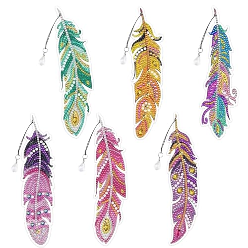 Lufdegim Diamond Painting Lesezeichen Set 6 Stück, Geschenke Bastelset, DIY Lesezeichen Bastelset mit Kristall Anhänger, Weihnachtsgeschenke DIY Lesezeichen, Diamond Painting Feather Lesezeichen von Lufdegim