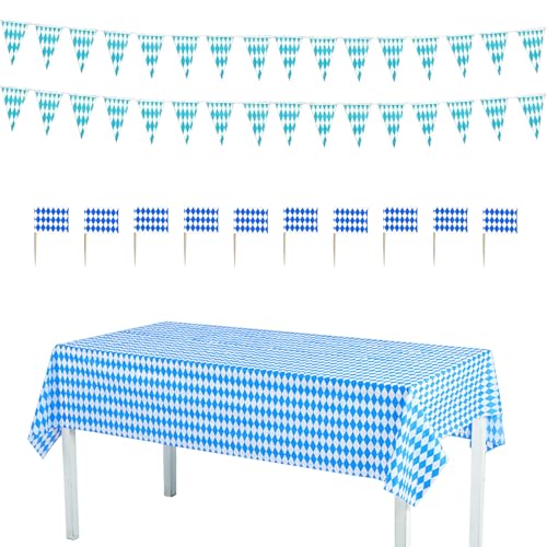 Oktoberfest Deko Set Partydekorationen Wimpelkette 1 Blau Weiß Bayerische Party Tischdecke, 2 stuck 20 x 30 cm Flagge, 20 Zahnstocher Flagge, Tischläufer Oktoberfest für Bierzelten Bier Festival Münch von Lufdegim