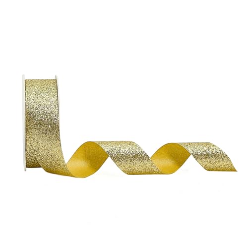 Schleifenband Geschenkband 25mm Breit, Hochzeit Glitzer Schleifenband Stoffband Dekoband Geschenkband für Geschenkverpackung Basteln Geburtstag Kunsthandwerk Blumenstrauß Hochzeit Deko (Gold) von Lufdegim