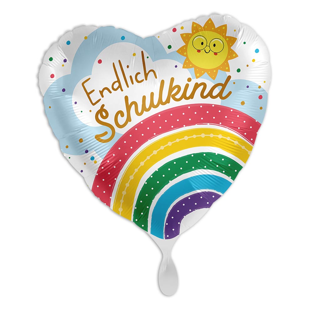 Ballon zur Einschulung Endlich Schulkind  Motiv Regenbogen Herzförmig von Luftballon-Markt GmbH