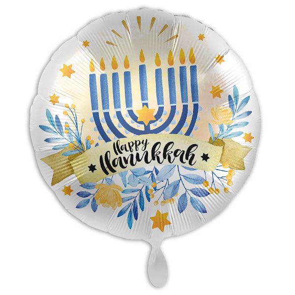 Heliumballon "Happy Hanukkah" mit Menora-Motiv, Folienballon rund Ø 34 cm von Luftballon-Markt GmbH