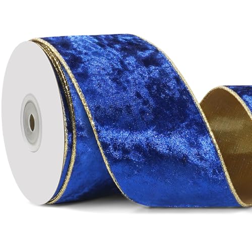 Blaues drahtgebundenes Samtband für Geschenkverpackungen, 6,3 cm × 9,1 m breit, blaues und goldenes Band für Weihnachtsbaumschmuck, Topperschleife, Vintage-Samtband für Girlande, Heimdekoration von Lugailly