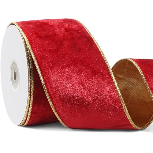 Rotes Weihnachtsband mit Draht zum Verpacken von Geschenken, 6,3 cm × 9,1 m breit, rotes und goldenes Band für Weihnachtsbaumschmuck, Topperschleife, Vintage-Samtband für Girlande, Heimdekoration von Lugailly