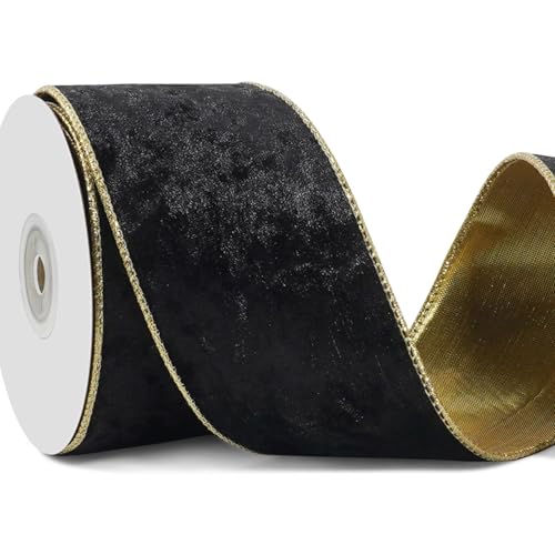 Schwarzes Draht-Samtband für Geschenkverpackungen, 6,3 cm × 9,1 m breit, schwarz-goldenes Band für Weihnachtsbaumschmuck, Topper-Schleife, Vintage-Samtband für Girlande, Heimdekoration von Lugailly