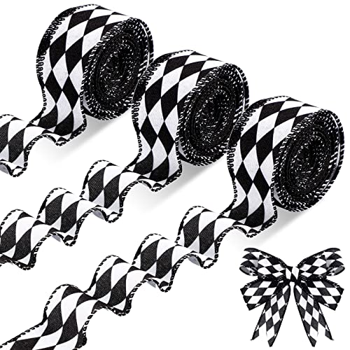 3 Rollen 30 Meter schwarz-weißes Harlekinin-Band, Halloween, Weihnachten, kariertes Drahtband, dekorative Bänder für Weihnachten, Herbstbaum, Wickelkranz, Blumenstrauß, Basteln (3,8 cm breit) von Luinabio