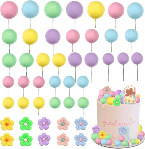 Lukinuo 46Pcs Gänseblümchen Blume Kuchen Topper Mini Kugeln Kuchen Dekorationen blau rosa grün Perle Ball Kuchen Topper Cupcake Topper Ball Kuchen Pick DIY Kuchen einfügen Topper für Geburtstag Baby von Lukinuo