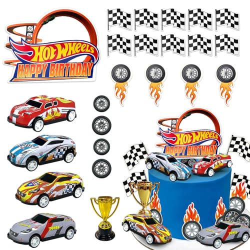 Lukinuo Rennen Auto Geburtstagskuchen Dekoration 24PCS Rennauto Kuchen Toppers Karierte Flagge Auto Kuchen Cupcake Dekorationen für für Mann Boy Kid Racing Auto Thema Geburtstagsbedarf Party Favors von Lukinuo