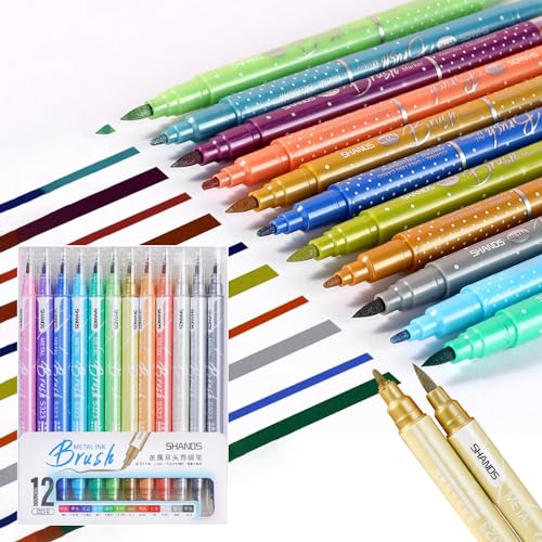 Luksinlong Dual Brush Pen Set, 12 Farben Metallic Stifte, Filzstift mit Metallic-Effekt, Weit verbreitet in der Malerei, Kalligraphie, Färbung (12 Farben - zwei Arten von Spitzen) von Luksinlong